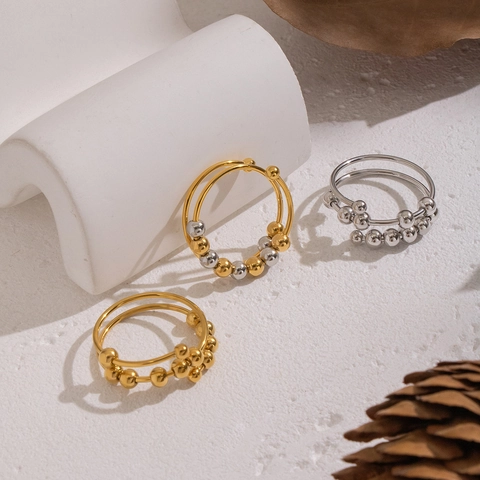 Anxiety Ring Stainless Steel Movable Beads Fidget Spinner Adjustable Double Spiral Waterproof Anti Allergy Women Jewelry