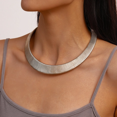 Fashion Metallic Choker Necklace Geometric Wide Textured Iron Statement Jewelry Women
