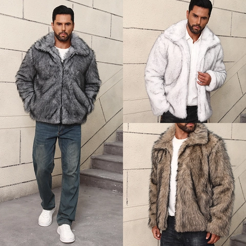 Heren Jas Van Kunstbont Winter Warm Dik Pluche Reverskraag Casual Bovenkleding Mode Mantel