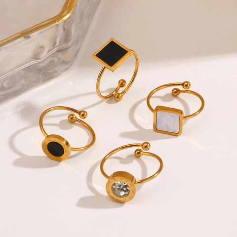 Geometric Open Rings Stainless Steel Gold Plated Roman Numerals Adjustable Shell Zircon Minimalist Jewelry For Women