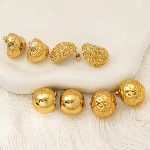 Minimalist Gold Stud Earrings 18K Gold Plated 304 Stainless Steel Hammered Heart Round Ball Textured Geometric Jewelry For Women