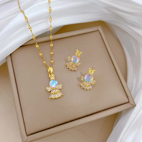 Elegante Engel Fee Sieradenset Met Ketting Oorbellen 925 Sterling Zilveren Oorknopje Titanium Staal Zirkonia Steen