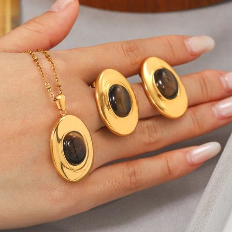 French Vintage Maillard Stainless Steel 18K Gold Plated Oval Tiger Eye Stone Pendant Necklace Earrings For Women Jewelry