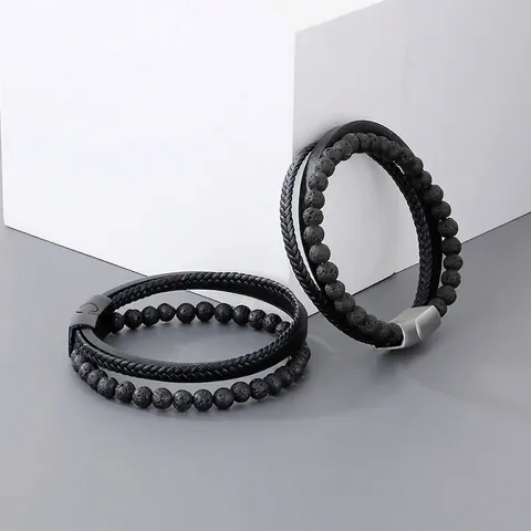 Men Multilayer Bracelet Lava Stone Beaded Braided Leather Handcrafted Stainless Steel Magnetic Clasp Trendy Jewelry