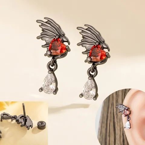 Gothische Kraakbeen Stud Oorbel Drakenvleugels Titanium Staal Rood Hart Zirkonia Druppel Hanger Piercing Sieraden