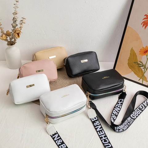 Women PU Leather Crossbody Bag Small Square Camera Bag With Wide Letter Print Strap Gold Hardware Zipper Fashion
