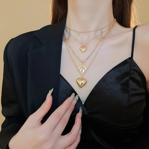 Multi Layered Pendant Necklace Alloy Gold Tone Heart And World Map Globe Charm Bohemian Style For Women