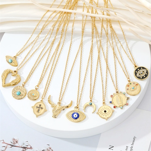 Evil Eye Pendant Necklace Stainless Steel Gold Plated Bohemian Vintage Moon Cross Bull Head Heart Jewelry For Women