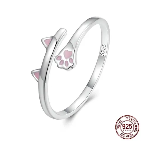 925 Sterling Silver Cat Ring Cute Pink Enamel Animal Paw Print Adjustable Open Jewelry Gift For Women