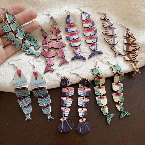 Orecchini Pendenti A Lisca Di Pesce Articolati Con Gancio In Argento Gioielli Etnici Retro In Legno Per Donne