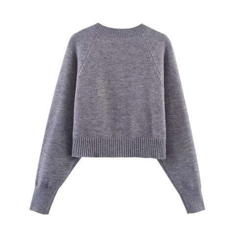 Dames Gebreid Vest Grijs Met Knopen Ronde Hals Kort Lange Mouwen Polyester Casual Elegant Trui
