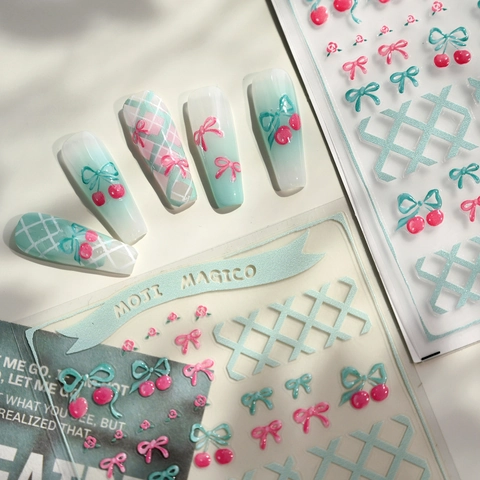 Autocollants Ongles Relief 3D Motif Nœud Cerise Vert Menthe Rose Style Doux Décoration Manucure DIY Pour Femmes Filles