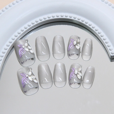 Handmade Press On Nägel Grau Cat Eye Magnetisch 3D Lila Schmetterling Strass Kurze Ballettform Für Frauen