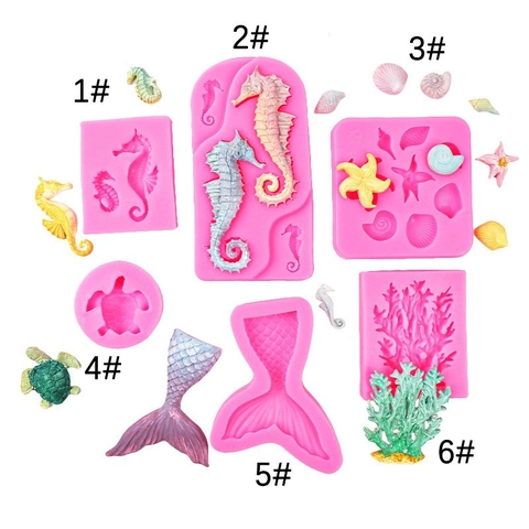 Marine Animal Silicone Mold Seahorse Mermaid Tail Coral Sea Turtle Starfish Fondant Cake Decorating DIY Baking Tool