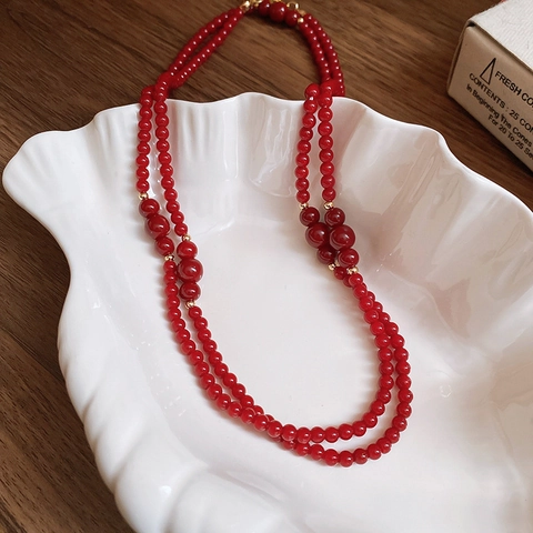 Double Layer Red Glass Beaded Necklace Long Sweater Chain With Gold Metal Spacers Retro Elegant Style For Women