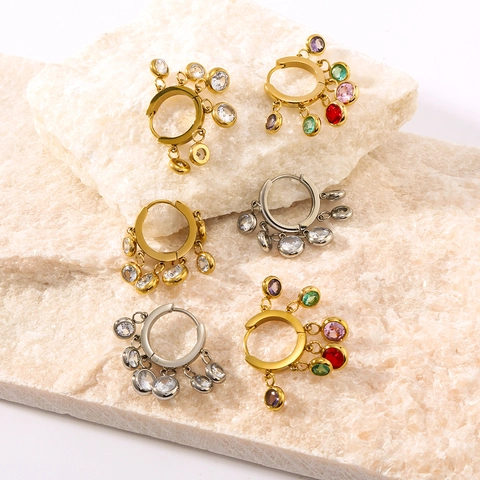 Hoop Earrings Stainless Steel With Colorful Zircon Tassels Dangling Charms Bohemian Niche Design Elegant For Women 18K Plated