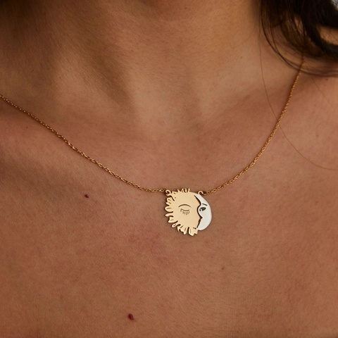 Sun And Moon Face Pendant Necklace Stainless Steel 18K Gold Plated Retro Celestial Two-Tone Artistic Jewelry For Women