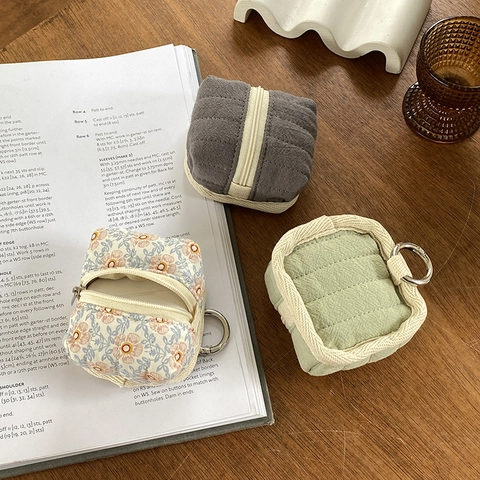 Quilted Cotton Earphone Case Mini Coin Purse Portable Data Cable Storage Bag With Metal Ring Zipper Closure Small Square Bag For Travel Home