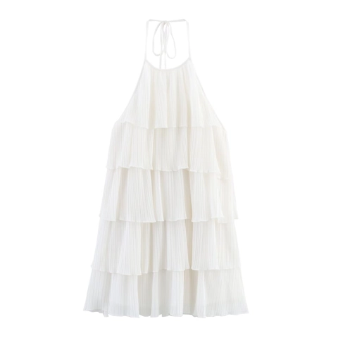 Women Halter Neck Tiered Mini Dress Pleated Chiffon Sleeveless Elegant Party Backless White