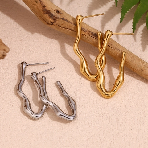 Wavy Irregular Hoop Earrings Stainless Steel 18K Gold Plated Liquid Metal Style Minimalist Jewelry For Women
