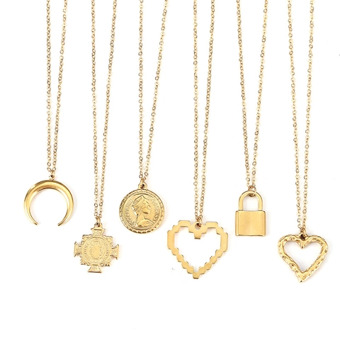 Stainless Steel Gold Plated Pendant Necklace Minimalist Moon Cross Queen Coin Heart Lock Vintage Jewelry For Women