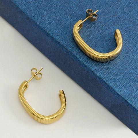 C-Shaped Hoop Earrings Stainless Steel 18K Gold Plated Ribbed Textured Minimalist Fashion Jewelry For Women