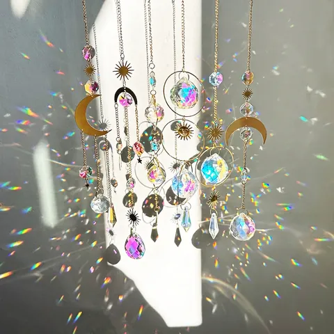 Crystal Suncatcher Hanging Ornaments Gold Metal Prism Rainbow Maker Sun Moon Star Geometric Window Outdoor Garden Decor