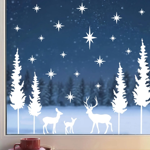 Pegatinas Ventana Navidad Renos Blancos Pinos Estrellas PVC Estático Decoración Festiva Vinilos Pared Diseño Silueta
