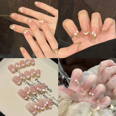 Press On Nails Hand Painted Tulip Cat Eye Glitter Nude Pink Jelly Elegant French Style Reusable False Nails Women