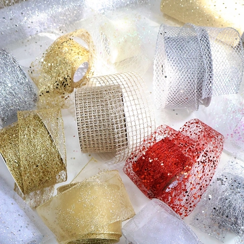 Ruban De Noël Paillettes Tulle Mousseline Maille Pailletée Motif Flocon De Neige Brillant Métallique Décoration Sapin DIY