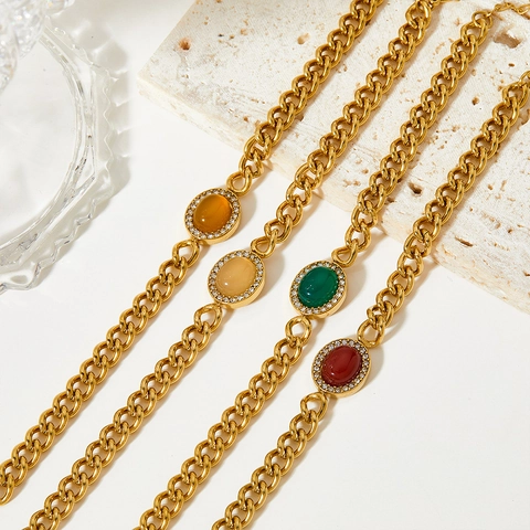 Bracciale A Catena Grossa Vintage In Acciaio Inossidabile Placcato Oro Agata Ovale Strass Gioielli Geometrici Donna