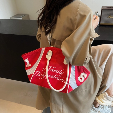 Women Large Capacity Tote Bag Nylon Canvas Mesh Embroidery Letter Sporty Shoulder Handbag Travel Daily