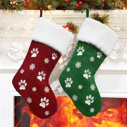 Christmas Stocking Polyester Velvet Faux Fur Embroidered Dog Paw Print Snowflake Holiday Hanging Decor Traditional