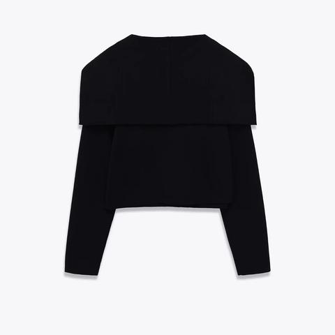 Cardigan Tricoté Col Marin Pour Femmes Double Boutonnage Boutons Dorés Veste Courte Manches Longues Noir Pull Élégant