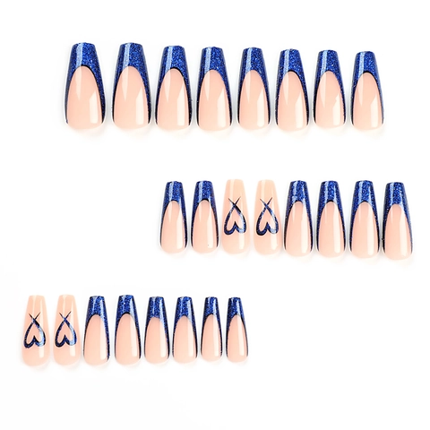 Unghie Finte Press On French Glitter Blu Scuro Forma A Bara Lunga Con Disegni A Cuore Unghie Artificiali Lucide