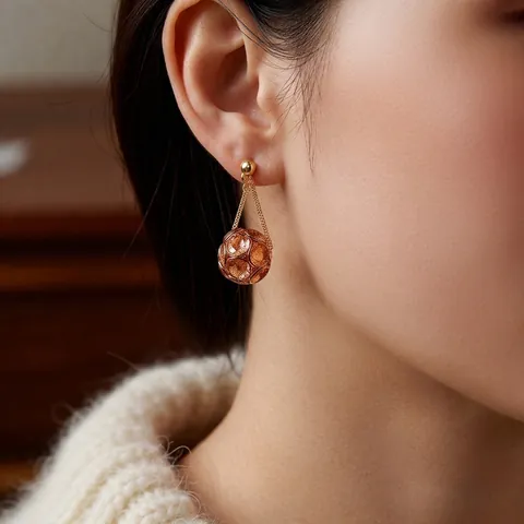 Vintage Kupfer Hängeohrringe Mit Silbernem Stecker Champagnerfarbenem Strass Rundkugel Luxus Schmuck Für Damen