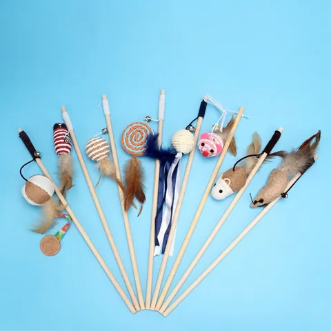 Interactieve Kattenhengel Speelgoed Natuurlijk Houten Stok Met Linnen Muis Veer Metalen Bel Geluid Kitten Spelen