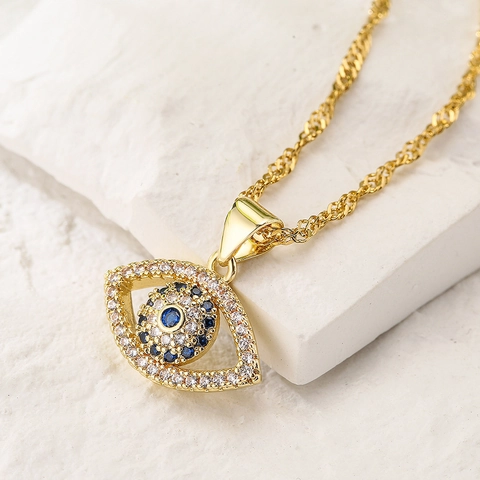 Evil Eye Anhänger Halskette Kupfer 18K Vergoldet Blau Weiß Zirkon Strass Schlüsselbein Kette Schmuck Für Damen