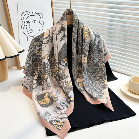 Large Square Scarf Women Floral Sunflower Print Elegant Polyester Twill Satin Headscarf Shawl Artistic Retro Accessory