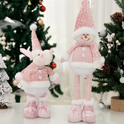 Christmas Plush Doll Telescopic Standing Toy Pink Sequin Santa Snowman Reindeer Holiday Window Decoration Knitted Fabric Ornament