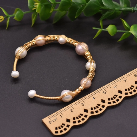 Natural Freshwater Pearl Bangle Bracelet Handmade 18K Gold Plated Copper Wire Wrapped Baroque Retro Jewelry For Women