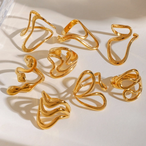 Anillo Abierto Con Ondas Irregulares De Acero Inoxidable Ajustable Chapado En Oro Joyería Minimalista Impermeable Para Mujer