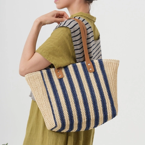 Bolso Tote De Paja Tejida A Rayas Gran Capacidad Bolso De Hombro De Cuerda De Papel Con Asas De Cuero PU Para Mujeres Estilo Retro Playa