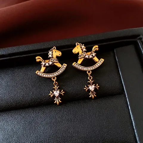 Vintage Rocking Horse Cross Dangle Earrings With Zircon In Copper And Silver Earring Post Women Luxury Fashion Jewelry