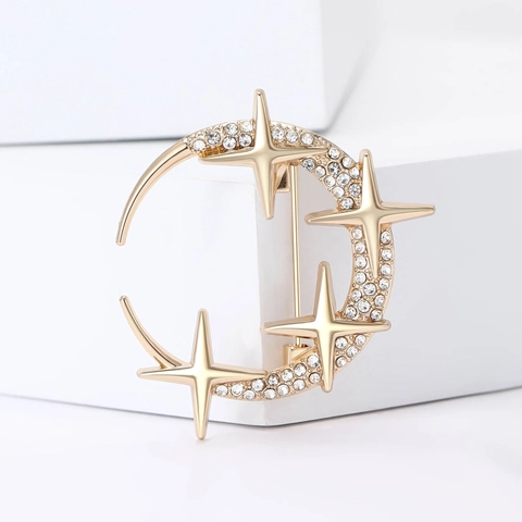 Creative Alloy Moon Star Brooch With Rhinestones High-End Elegant Women Sweaters Coat Brooch Pin Jewelry Accessory