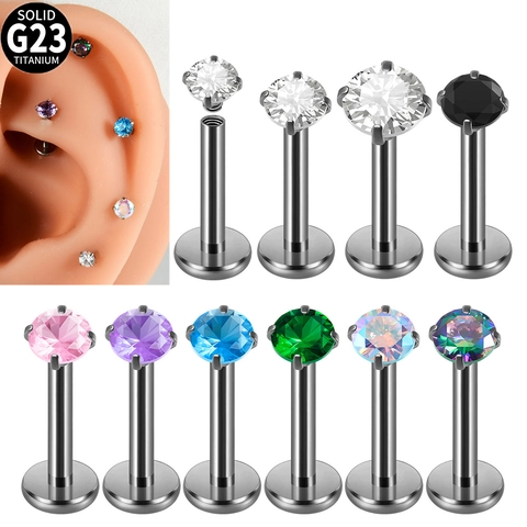 G23 Titanium Labret Stud Internal Thread Cartilage Earring Prong Set Cubic Zirconia Flat Back Body Piercing Jewelry