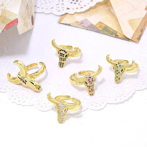 Hip Hop Stierkopf Verstellbarer Offener Ring Für Damen Herren Kupfer Zirkonia Eingelegt Gold Überzogener Kubanischer Schmuck