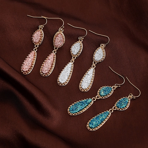 Boho Copper Teardrop Dangle Earrings For Women Double Water Drop Druzy Crystal Cluster Earrings Fashion Dainty Jewelry Gift