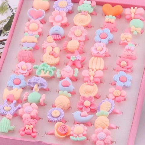 Kinderen Cartoon Ringen Plastic Hars Fruit Dier Vormen Leuke Macaron Kleuren Voor Meisjes Rollenspel Feestartikelen