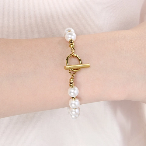 Elegante Bracciale In Acciaio Inossidabile Con Künstliche Perle Di Conchiglia E Chiusura A Gancio Gioielli Di Moda Minimalisti Da Donna